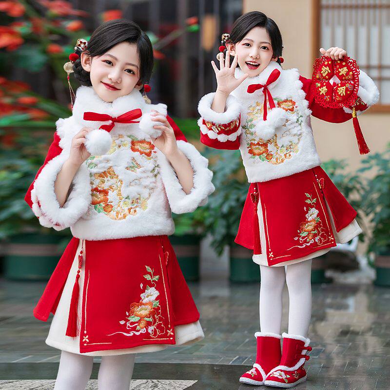 拜年服女童新款原创汉服中国风女童冬装旗袍新年衣服冬季加绒加厚
