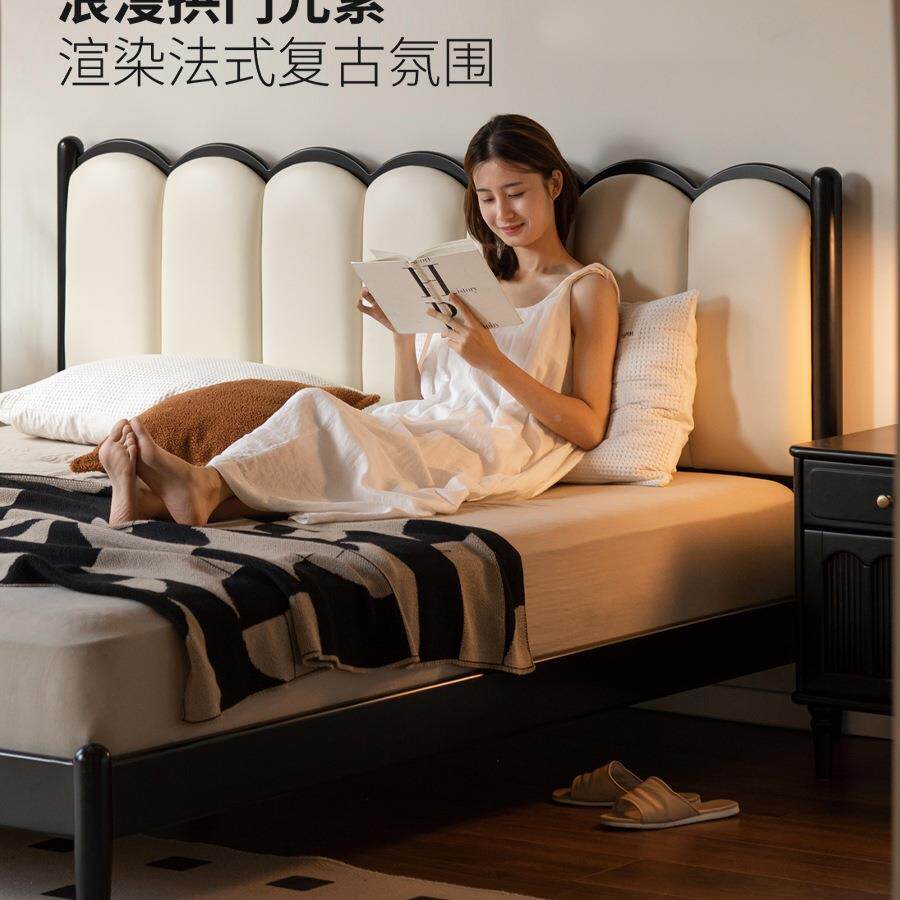 实985式木复古竖风双人床卧室家用法软靠床简约黑色床琴床