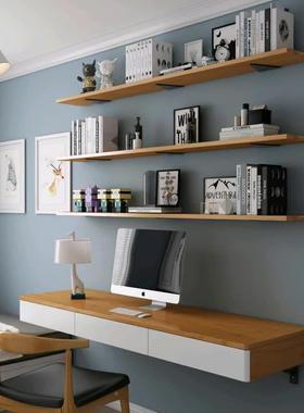 实条木悬空书式桌31614板原木一字悬挂长桌壁挂书架一体挂墙电脑