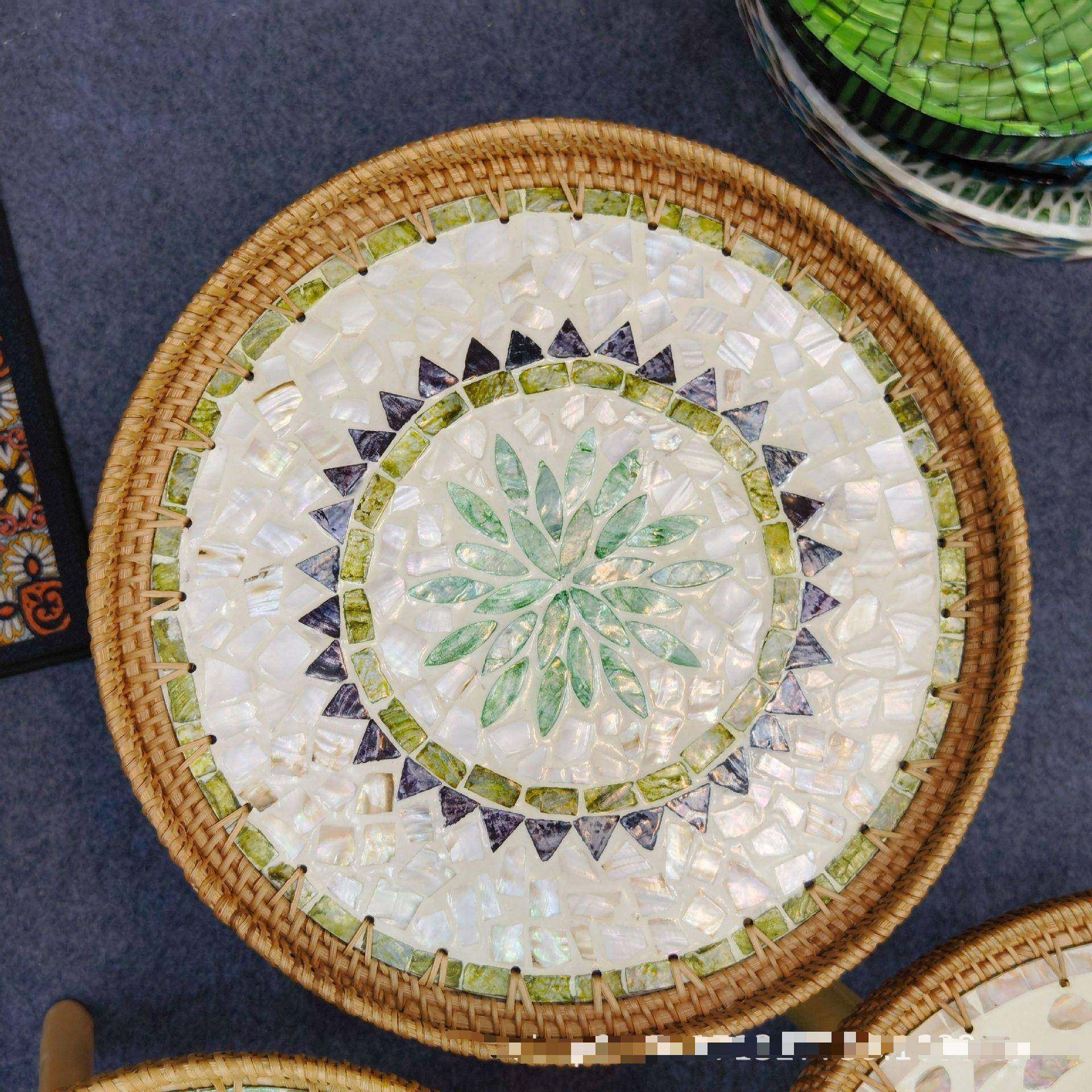 GDU越南餐手工编贝壳沙小茶几方发小边几小藤圆桌野桌