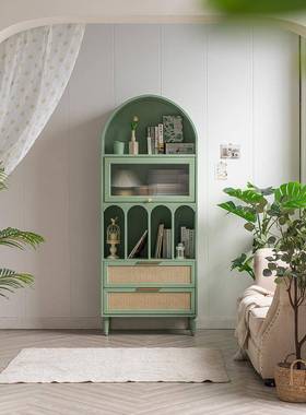 美件式乡村拱形房书柜藤编书架落地餐柜绿色置物ZGM柜日式边书文