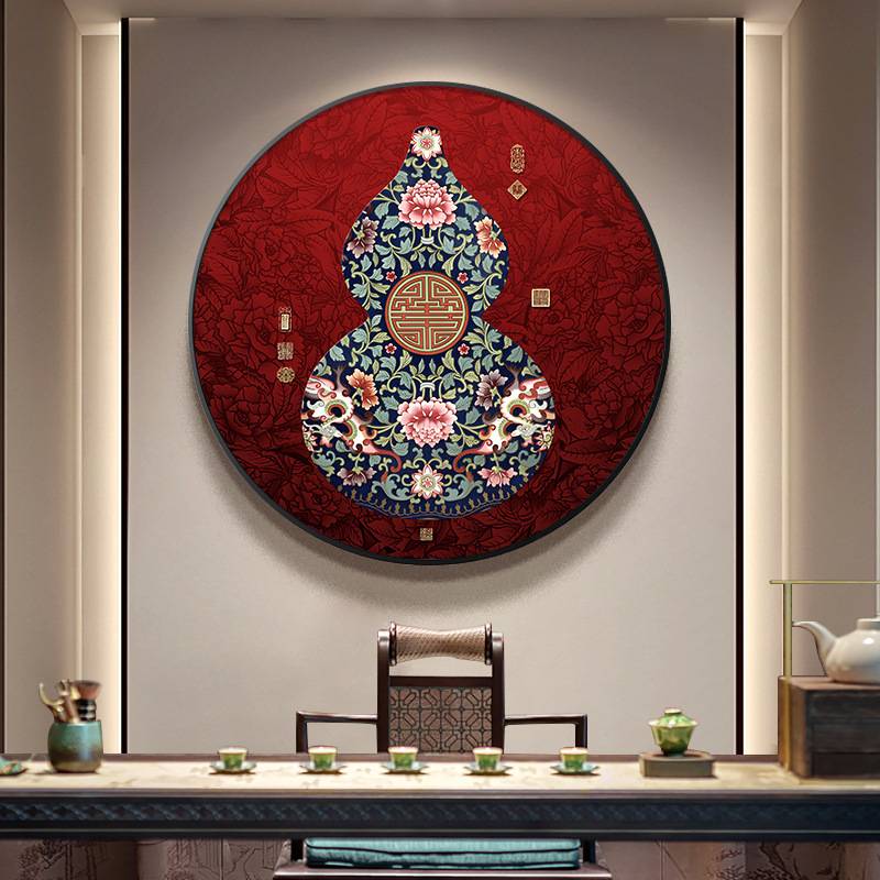葫芦玄关画装饰画新中式红色喜庆圆形挂画大气花卉画走廊过道壁画图片
