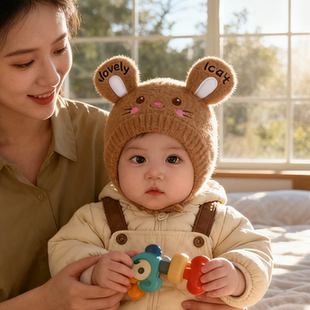 婴儿帽子秋冬季女宝宝毛线帽婴幼儿针织帽加厚保暖护耳帽可爱套头