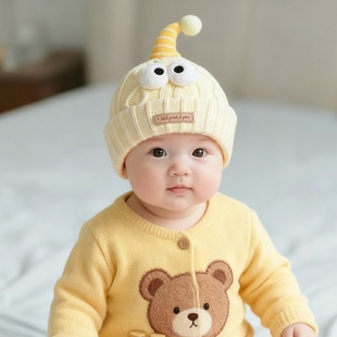 婴儿帽子秋冬季保暖加厚针织套头帽男女宝宝出游防风小月龄毛线帽