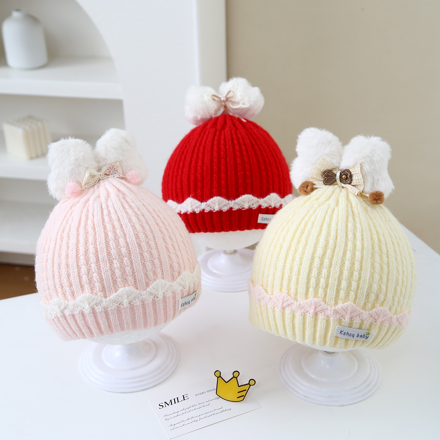 女宝宝帽子秋冬款甜美可爱蝴蝶结公主帽0—20个月保暖针织毛线帽