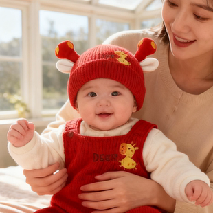 宝宝红色帽子周岁新年节日庆祝男女儿童秋冬季保暖护耳针织毛线帽
