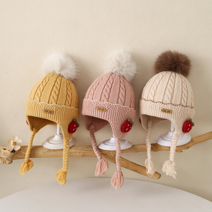 婴儿帽子秋冬季小月龄女童草莓护耳帽冬天女孩宝宝保暖加厚毛线帽