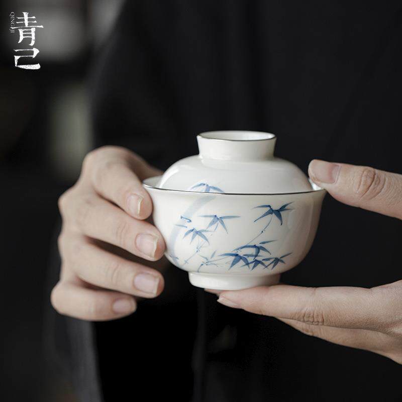 青己手绘青花小号盖碗家用100ml陶瓷泡茶碗迷你文人釉下彩盖碗