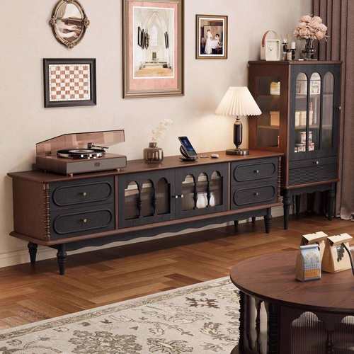 法式复古实木电视柜小户型客厅家用视听柜落地收纳储物柜茶几组合