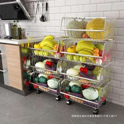 带轮收纳储物201不锈钢多层落地果蔬收纳筐厨房蔬菜篮台面置物架