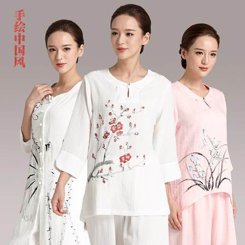 武农手绘梅花亚麻太极服女春夏太极拳服装练功服武术表演服