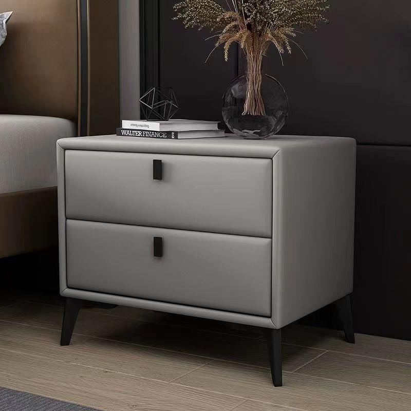 轻奢床头柜意式皮质现代实木简约卧室收纳小型床边柜岩板储物家用