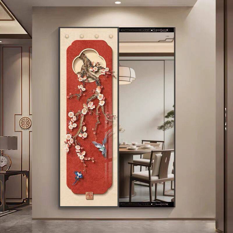 新中式暗藏式全身镜子画花鸟隐藏式推拉翻开关闭穿衣镜入户门挂画