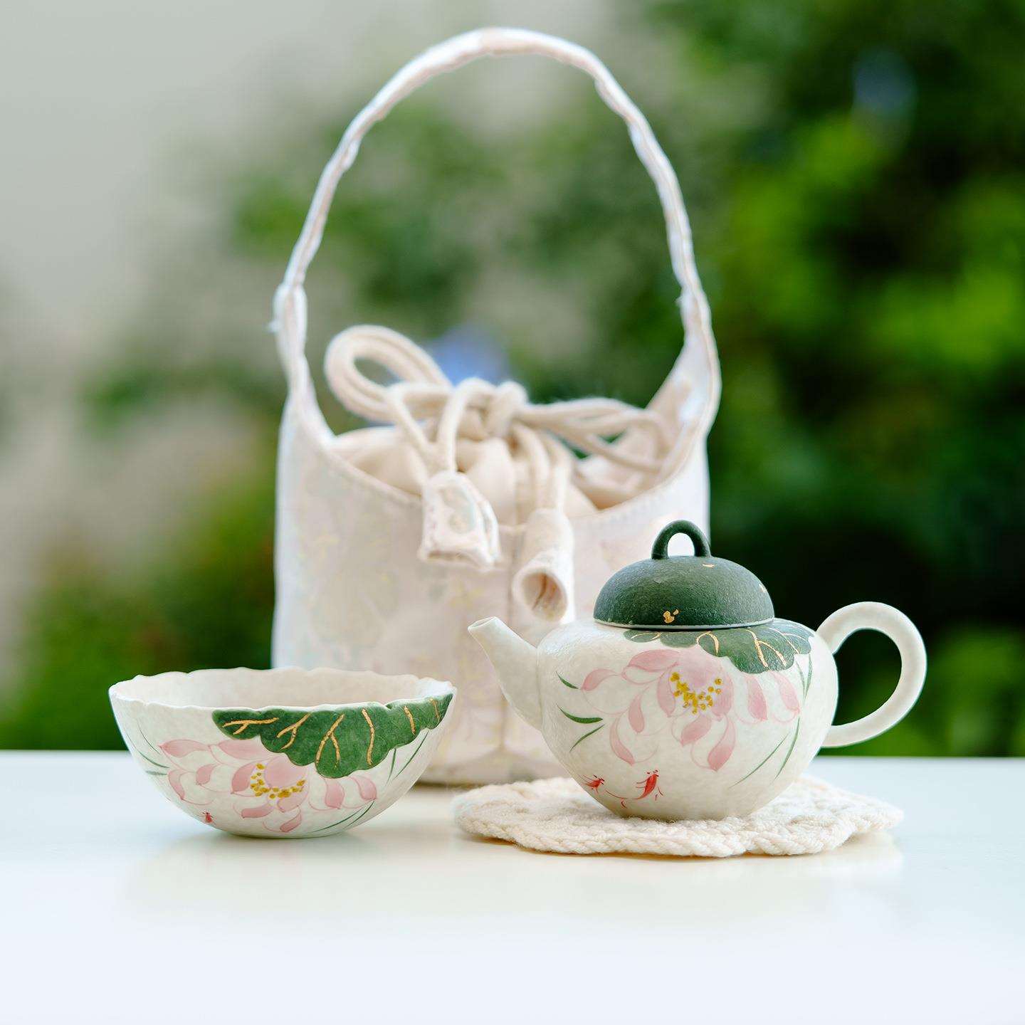 岩矿白陶瓷手绘旅行茶具一人饮茶壶茶杯套装户外露营便携式快客杯