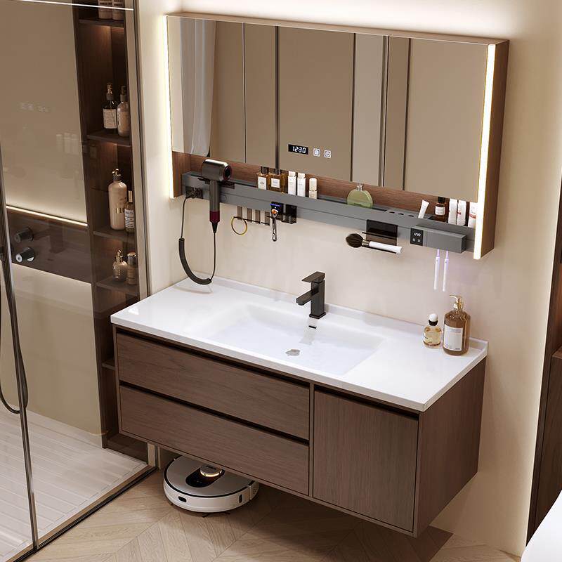 中古风胡桃木色浴室柜镜陶瓷一体盆厕所卫生间洗手洗脸池洗