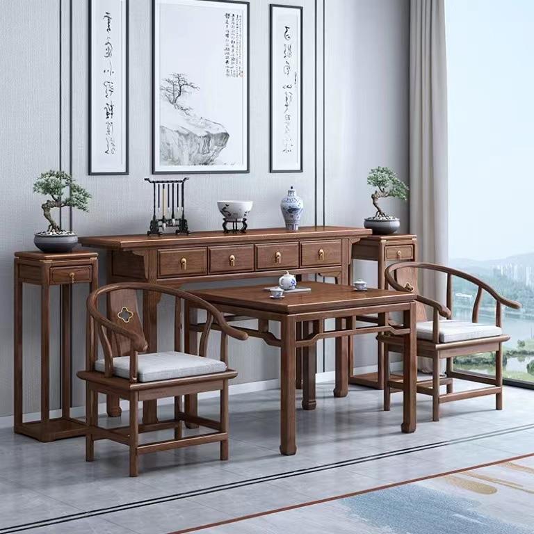 新中式实木中堂六件套条案农村家用胡桃木供桌八仙桌条几案台