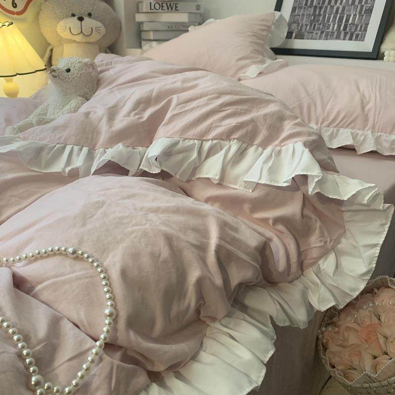 RI0T公主风荷叶边水洗棉被罩四件套少女心粉色花边被套双人床单三