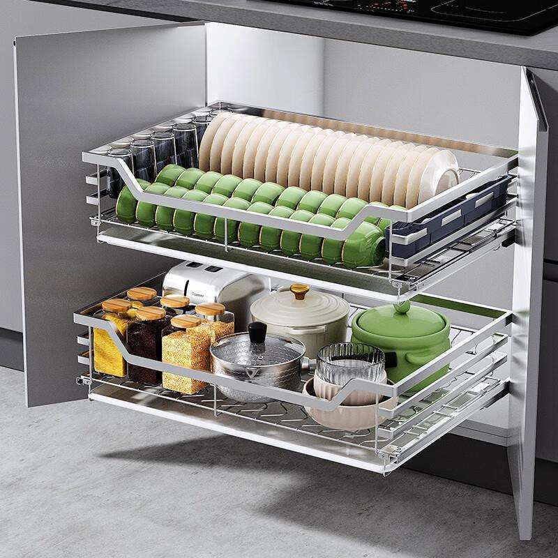 拉篮厨房橱柜不锈钢碗碟碗柜双层厕柜碗架拉蓝抽屉式调味碗篮