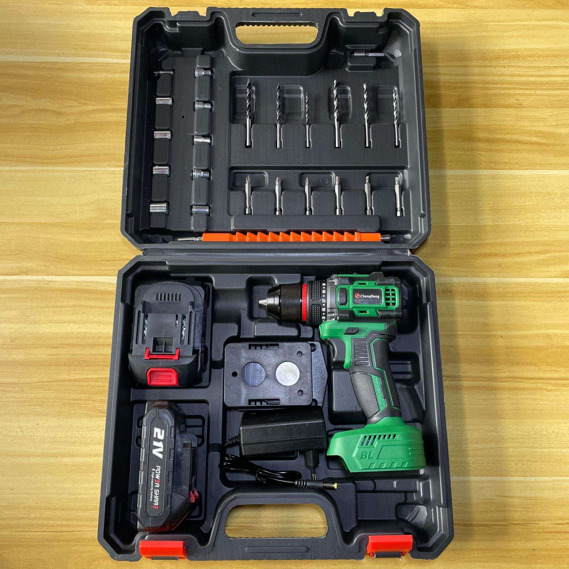 外贸2403V+锂电无刷手电钻套装绿色带挂架