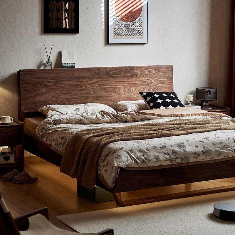 北美黑胡桃木全实木床卧室家具主卧双人悬浮床灯带家用樱桃木大床