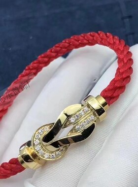 费家高版V金厚镀18K玫瑰金半钻镶钻8字马蹄扣手链本命年红绳手绳