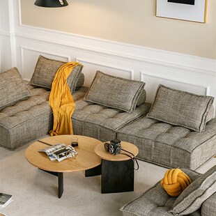 北欧圆形茶几组合橡木边几全实木圆几表情侘寂风原木色榻榻米桌