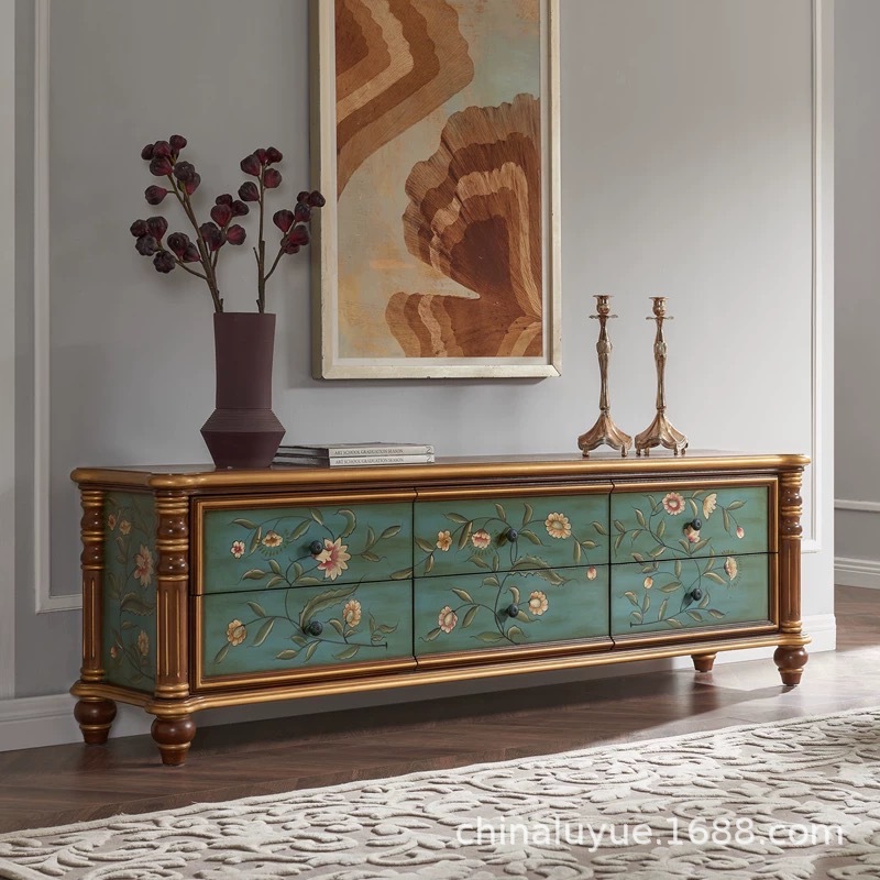 美式复古乡村实木电视柜客厅大小户型新款彩绘整装地柜储物柜