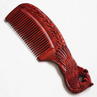 非洲小叶紫檀梳子雕花整木紫檀木质龙凤木梳复古犀角紫檀梳