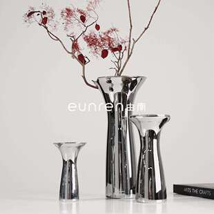 现代简约银色水培玻璃花瓶样板房花器摆件客厅家居餐桌搭配装饰品