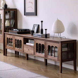 北欧实木复古电视柜北美黑胡桃木客厅落地柜现代简约储物玻璃柜