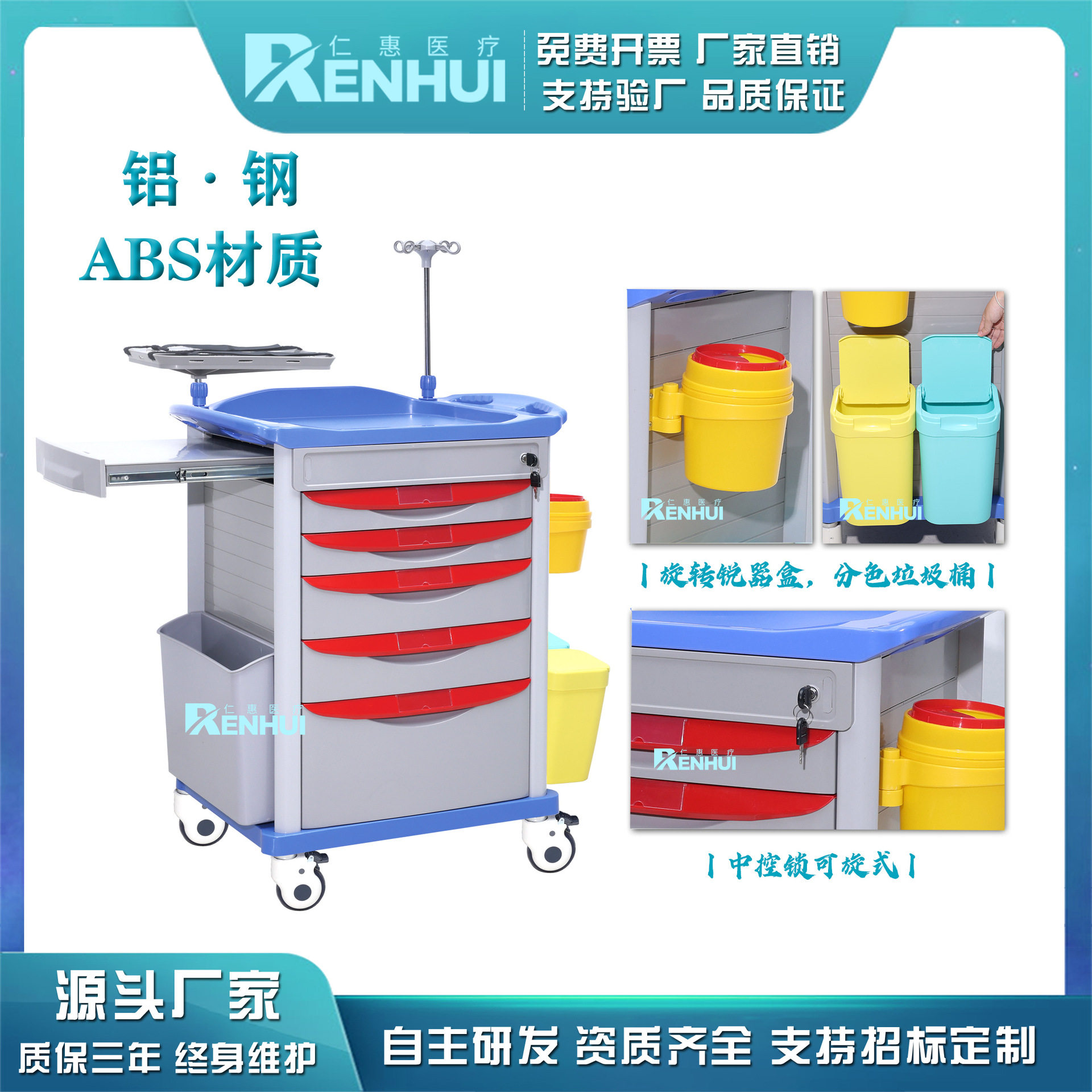 医养美全新ABS料急救车抢救车多功能医院手推车护理车