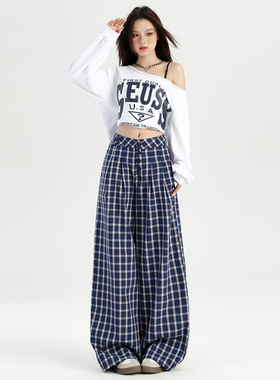 速发蓝色格子阔腿0闲裤宽松慵懒风春款秋2休24新款垂感直筒裤子