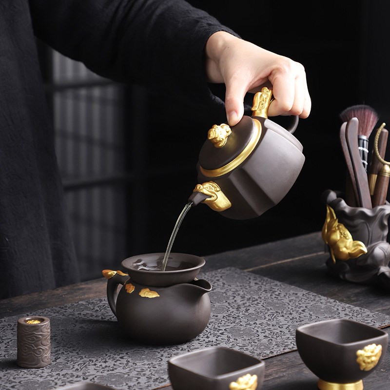 速发轻奢茶具套装 家用紫砂壶描金中式功夫盖碗泡茶杯礼品盒装