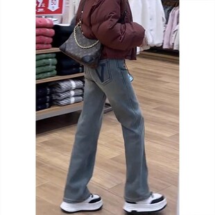 速发2025年春季大码蓝色直筒牛仔裤胖妹妹高腰拖地裤小个力长裤