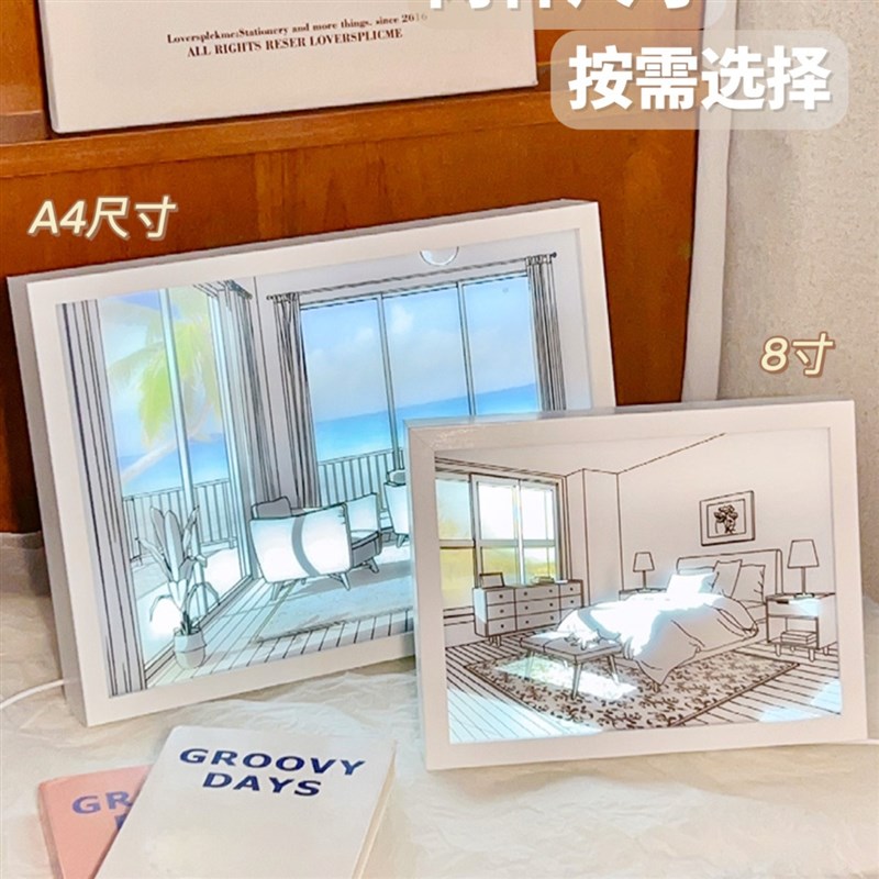 速发简约灯光画装围氛饰画框光画床头灯卧室小夜灯生日礼物