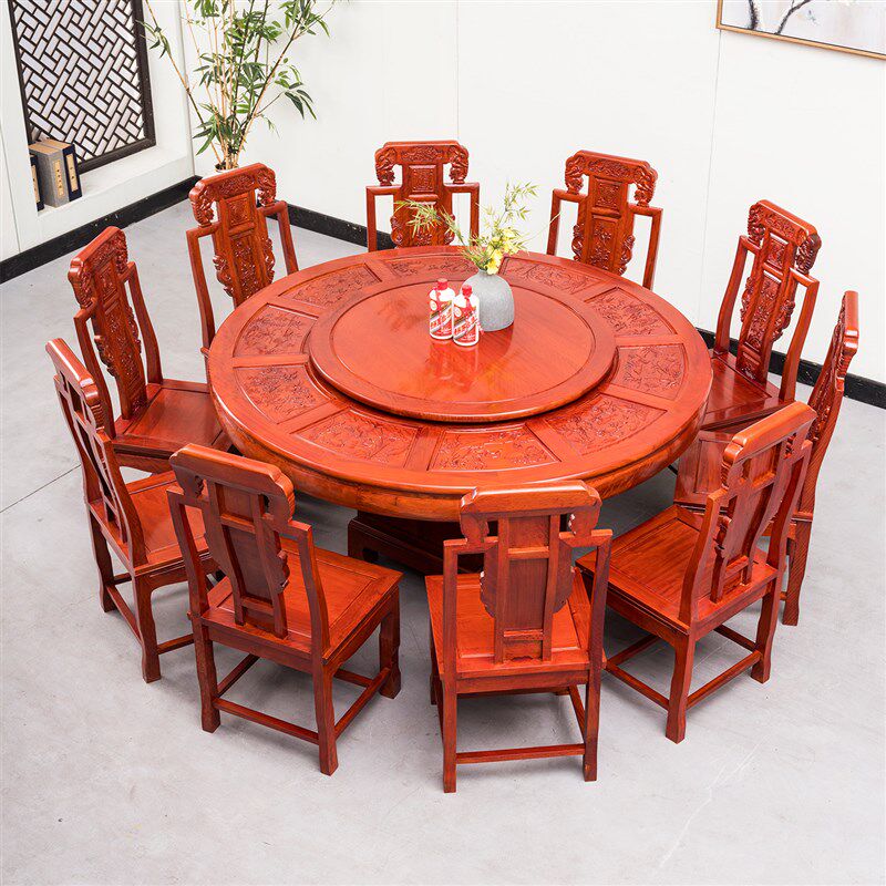 速发圆桌餐桌椅组合越南花梨木全实木跳台圆桌椅组合简约古典中式
