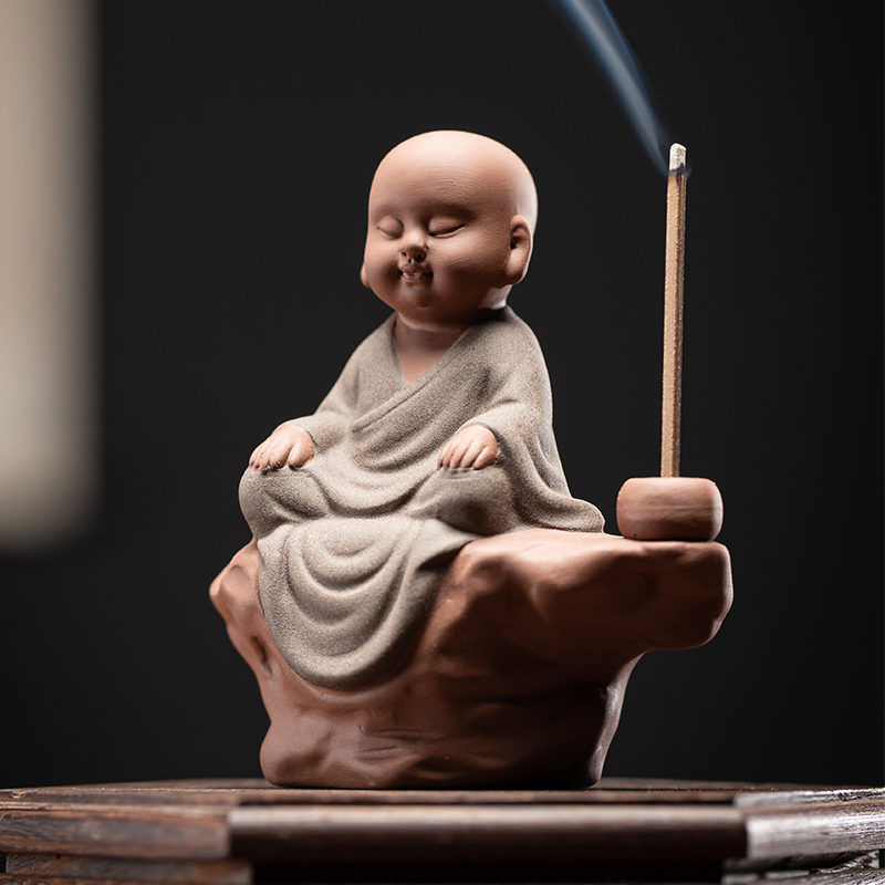 速发紫砂小和尚沙弥茶宠招财摆件精品可养线香插香道底座禅意人物