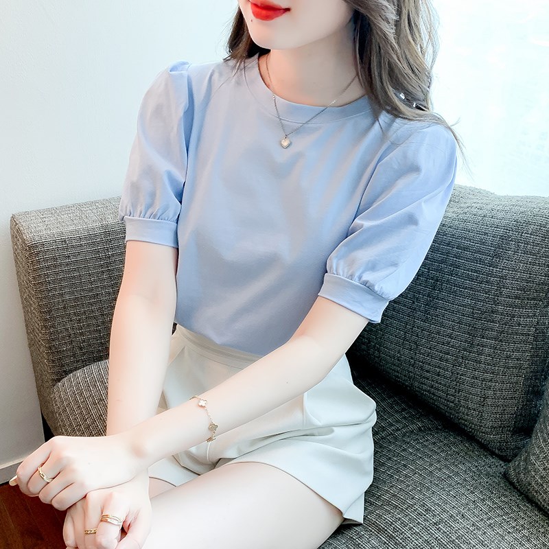 速发蓝色t恤夏质024年新款欧货漂减气2亮龄泡泡袖圆领小衫上衣