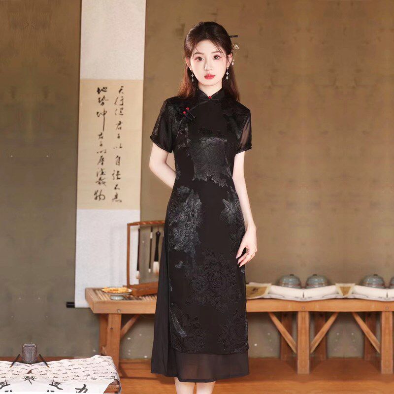 速发肚色旗袍奥黛改良式连衣裙小个子妈遮妈黑子日常年轻夏装高级