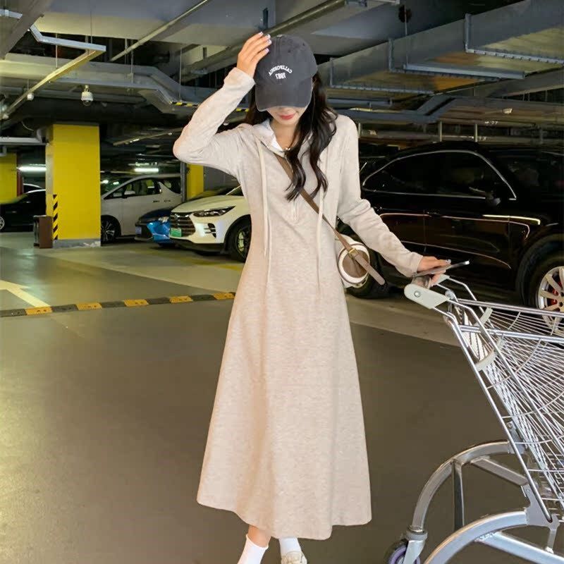 现货大码胖mm设计感加绒连帽拉链连衣N裙女秋冬内搭气中长裙