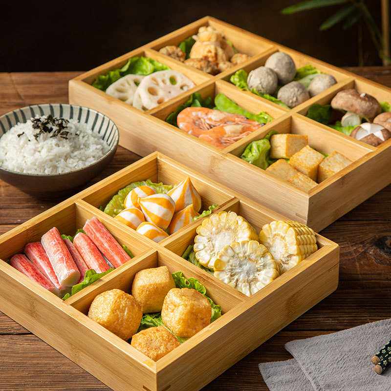 新款直销BK9K竹木九宫格火锅拼盘配菜盘调料小吃食材分格特色长方