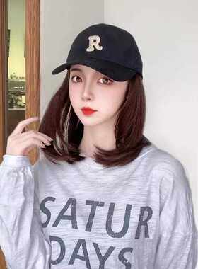 新款直销帽子假发一体式黑色鸭舌帽字母R短款锁骨发棒球帽子假发