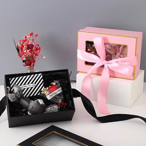 直销新款七夕情人节开窗丝带包装盒烫金透明方形天地盖礼品盒生日