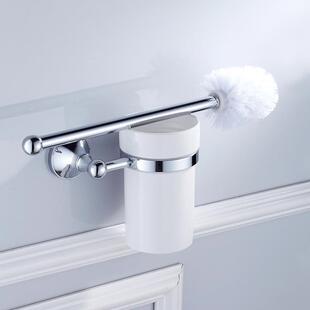 直销新款欧贝洁具简约黄铜镀铬色壁挂式马桶刷架带陶瓷杯套装一件