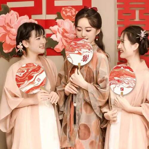 新款直销新娘晨袍结婚拍照道具团扇中国风喜扇双面婚庆用品接亲迎
