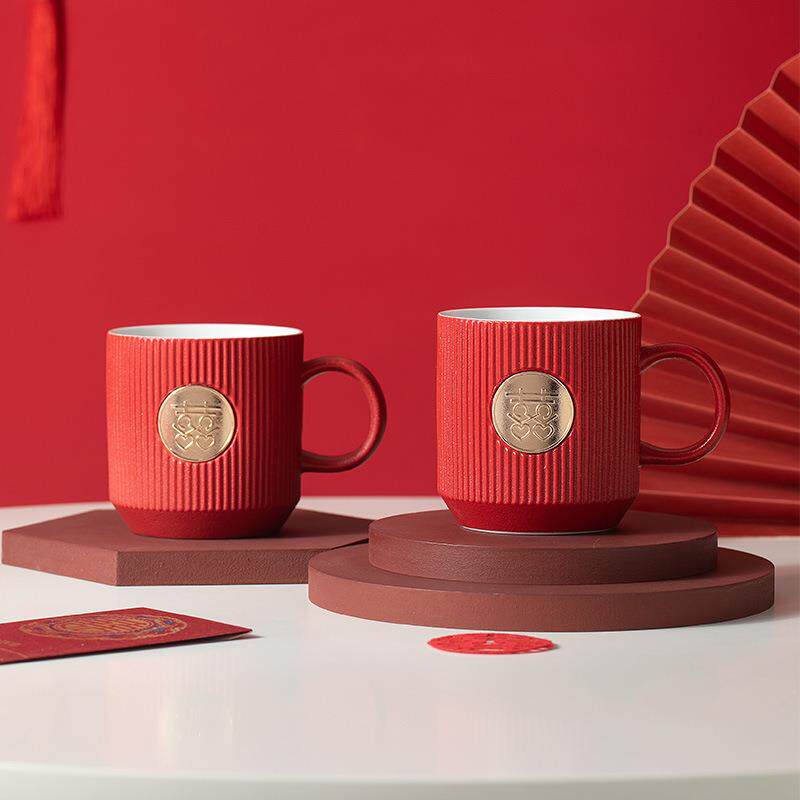 直销新款结婚洗漱杯水杯牙刷杯套装陪嫁情侣新婚用红色陶瓷漱口杯