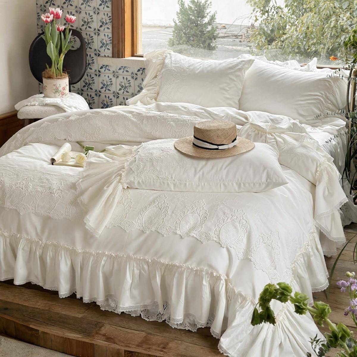 全棉贡四件套法式柔YSL公主缎风打褶边裙床款亲肤软卧室床单被套