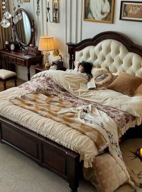 法式复古实木床胡桃黑色主卧家用现代HVZ软约双人包中古风简色美