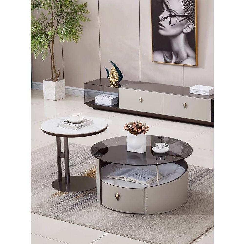 现代简约马鞍皮圆形岩板茶几电视柜轻奢钢化玻璃设计师款客厅茶几