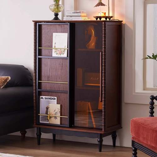 法实木书柜带玻璃门客厅靠墙式斗柜示柜家中用古风收展纳INO储物